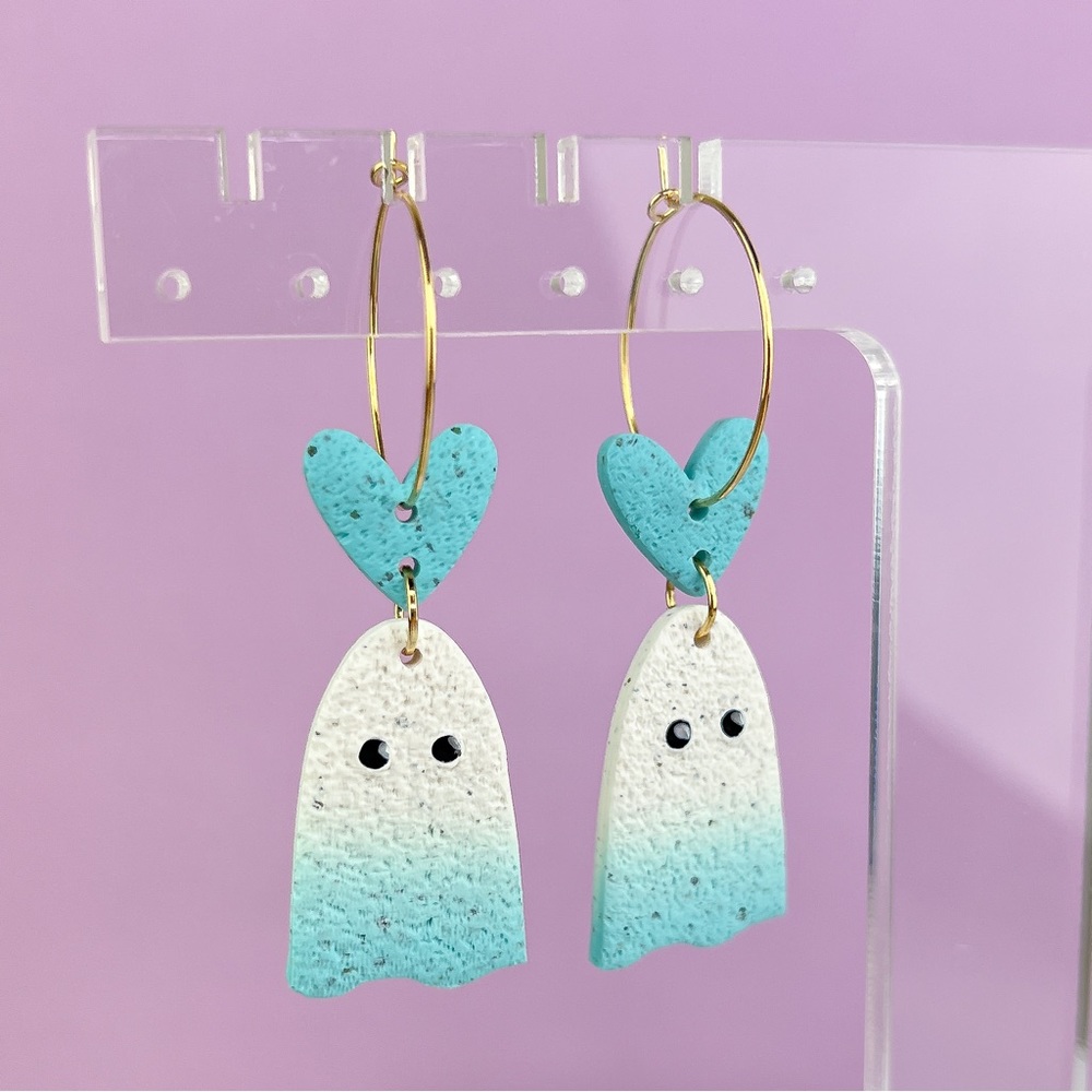 Ombré Blue Spooky Ghost Handmade Polymer Clay Dangle Hoop Earrings
